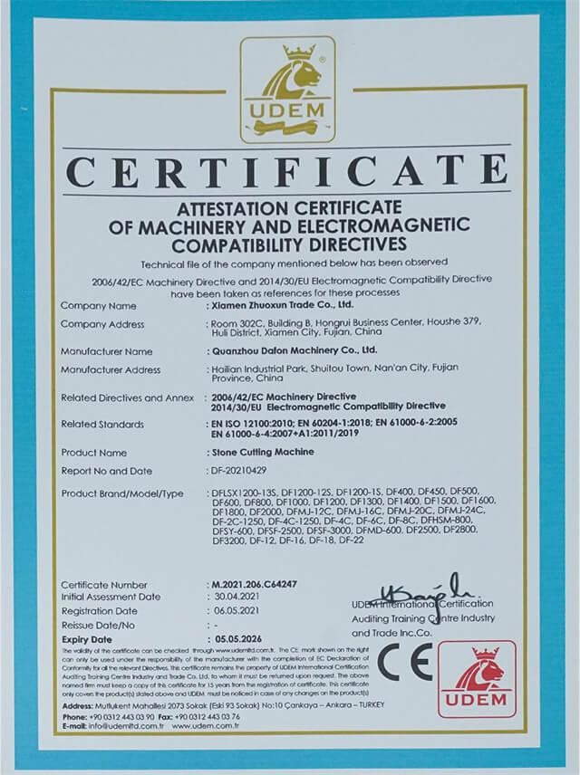 Dafon Stone Machine Certificate